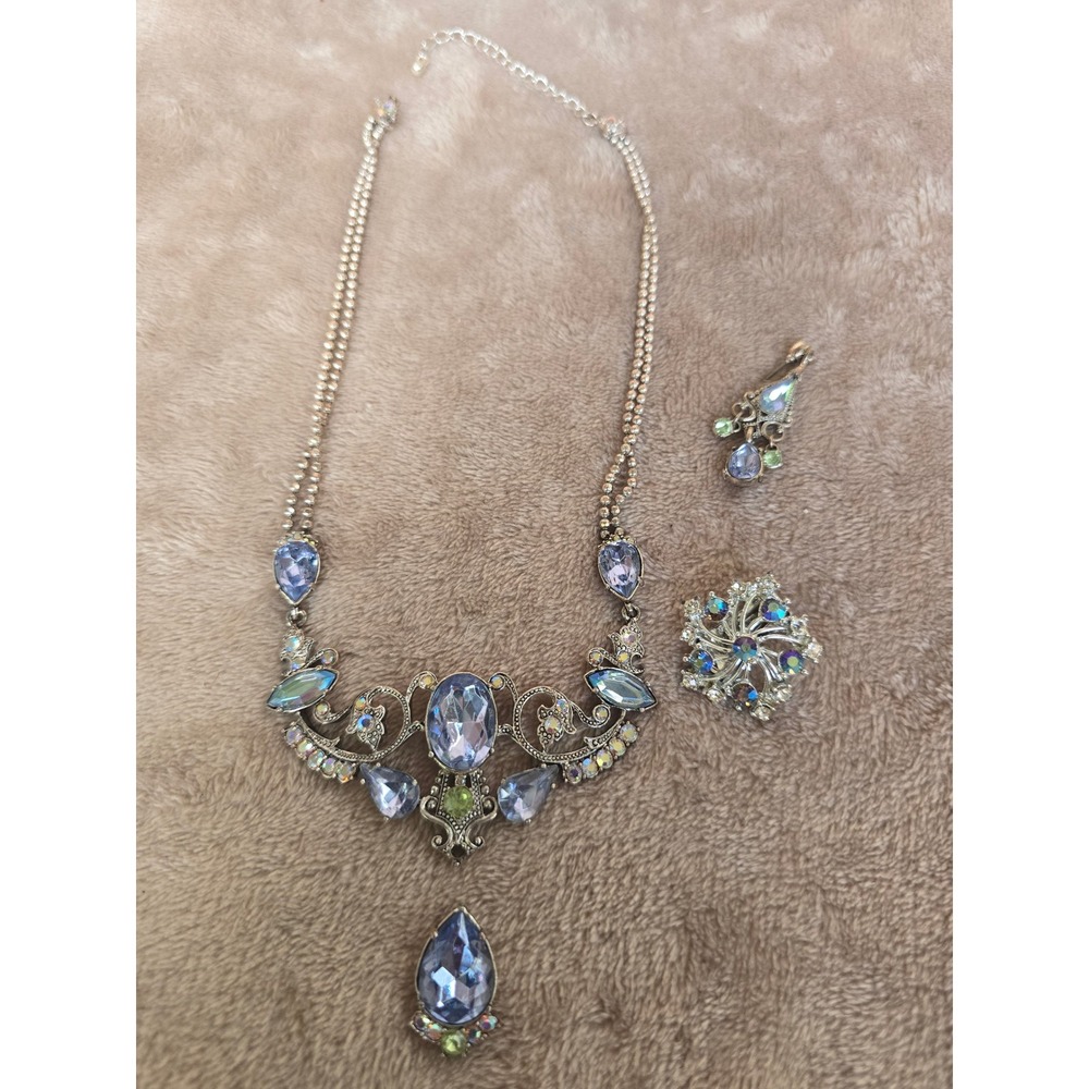 Vintage Avon Lavender Crystal Bib Necklace Single Earring Lot Costume Jewelry